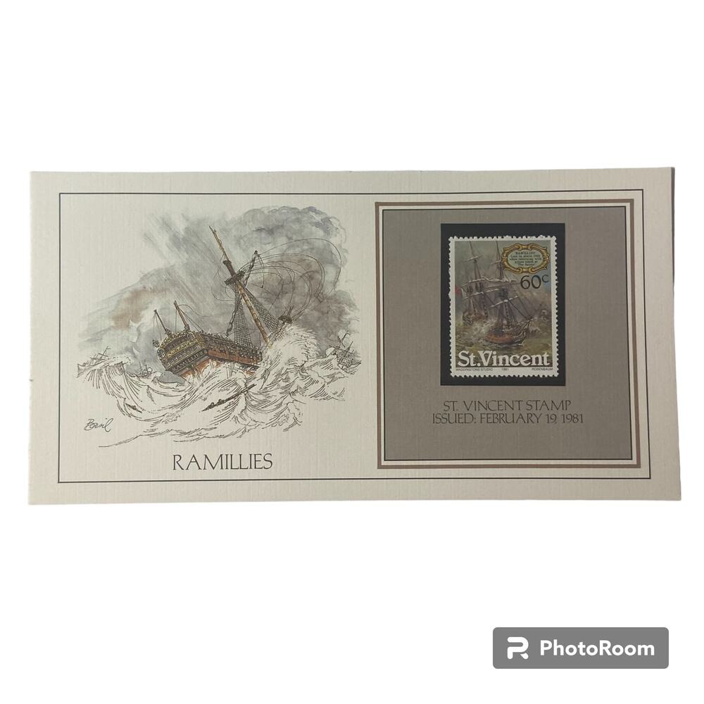 Vtg 1782 Ramillies St Vincent Stamp Basil Smith Print Issued 1981 Ship Boat